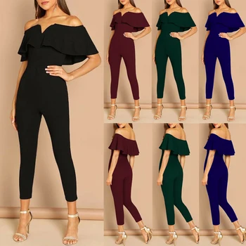 

2019 Fashion Solid Women Party Clubwear Evening Party Ruffles Playsuit Jumpsuit One Shoulder High Waist Long Trousers