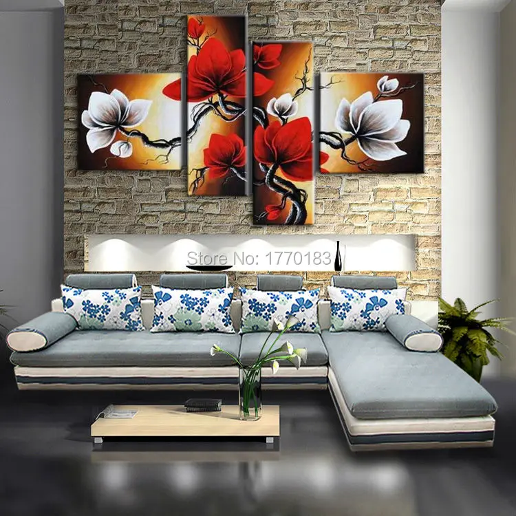 cheap modern 4 piece set oil painting wall canvas art flower red brown