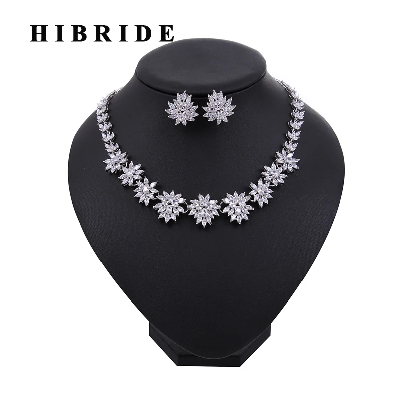 

HIBRIDE Luxury Flower Shape Crystal CZ Stone Around Necklace Earring Set Women Jewelry Set Wedding Dress Accessories N-225