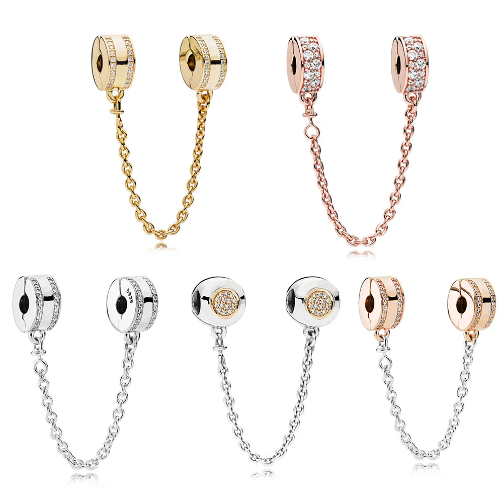 

5 Style 925 Sterling Silver lock Safety Chain Rose Gold & Gold Color For Women Original Pandora Charms Bracelets Jewelry