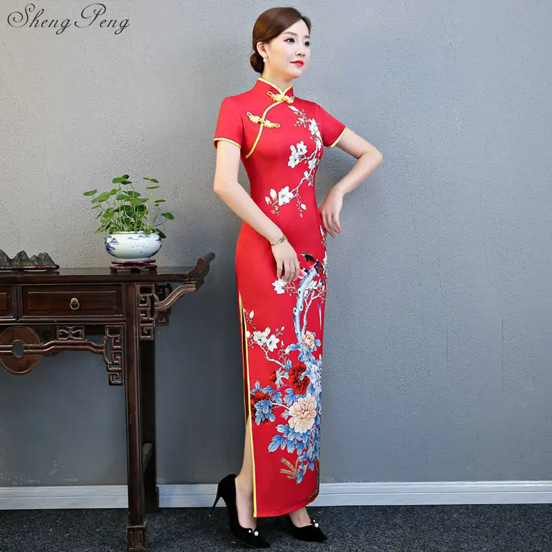 Китайское традиционное женское платье костюм облегающее длинное Cheongsam Tang костюм с принтом раздельные концы сексуальное облегающее платье Qipao Q742