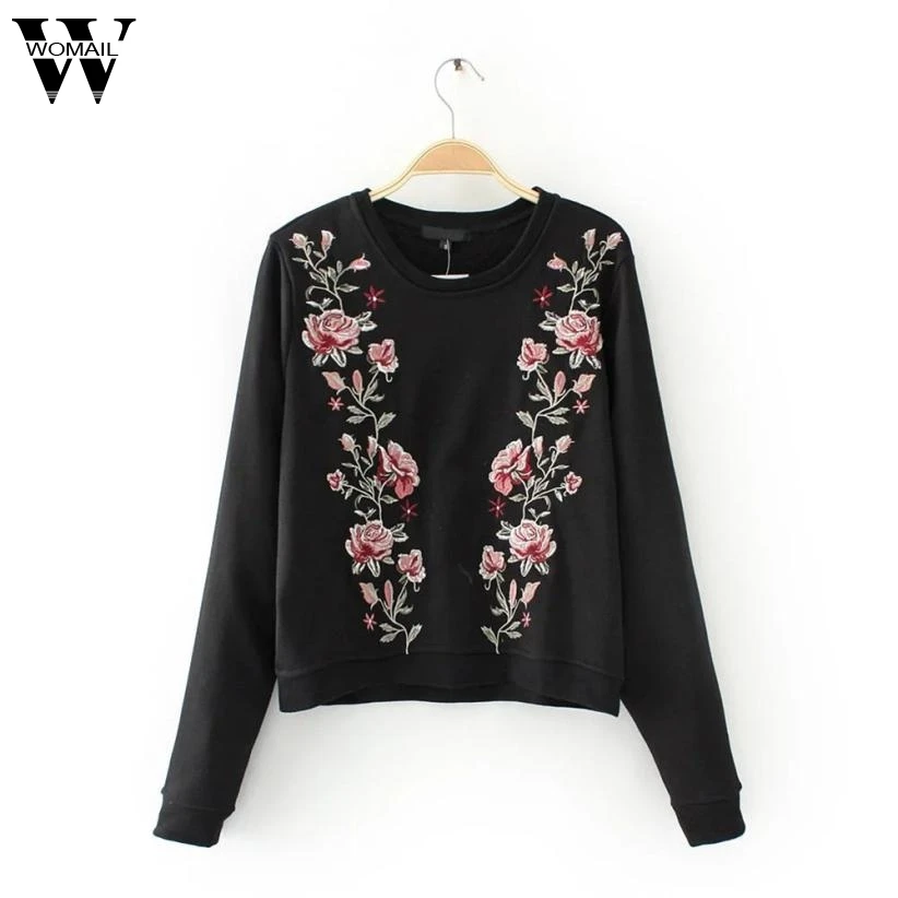 2017 Round neck collar embroidery rose flower long sleeves sweatshirt