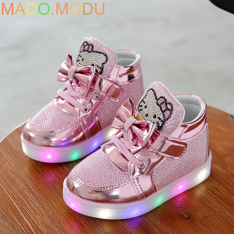 KT Cats 2016 New Brand Child Luminous Sneakers Rhinestone Kids LED Flashing Boot girls Casual Shoes with lights size 21~30