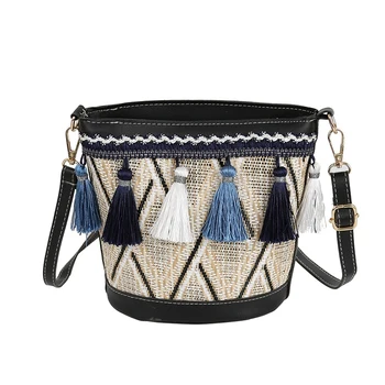 

AUAU-New Vintage Women Weaving Tassel Shoulder Bag Messenger Bag Crossbody Bags Girls Cute Handle Straw Bags Bucket Shape Tote