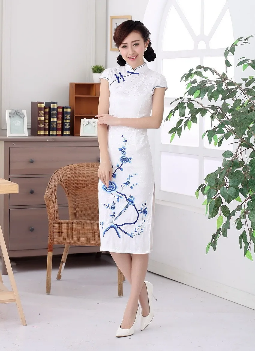 Шанхай история Топ-класс Длинные Цветочные Cheongsam Qipao платье Китайская традиционная одежда белый восточные платья для женщин