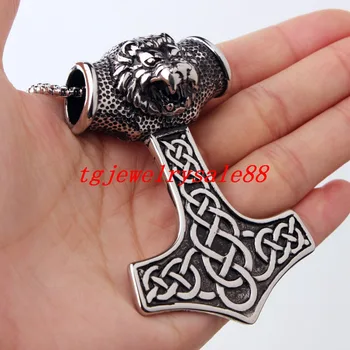 

High Quality Viking Thor Hammer Pendant Silver Black Tone Stainless Steel Lion Head Biker Mens Boy Necklace Jewelry 67g