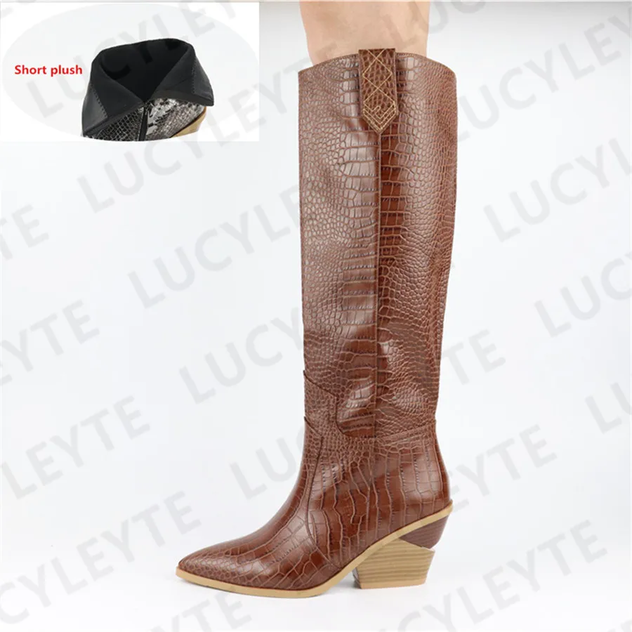 brown short plush LUCYLEYTE/брендовая весенне-зимняя популярная женская обувь на высоком каблуке; большие размеры 46; высокие сапоги в стиле ретро; женская обувь без застежки; ботинки в западном стиле - Цвет: brown short plush