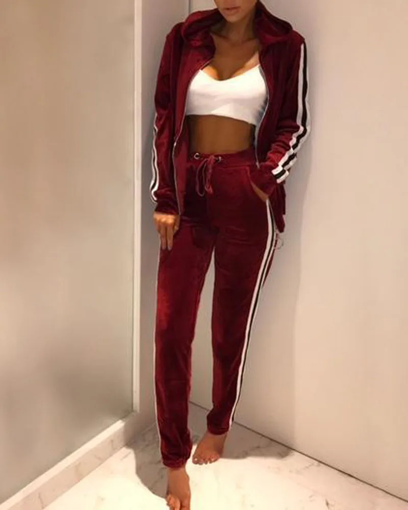 

New Women Casual Velvet Set Hooded Long-sleeve Top and Pants Side Stripe Two Piece sets Female Sportswear A09JM207