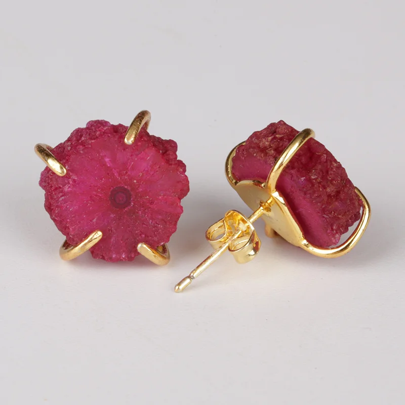 

thick hot pink natural solor druzy drusy stone slice semi precious stone bead charm claw gold stud earring for women unisex