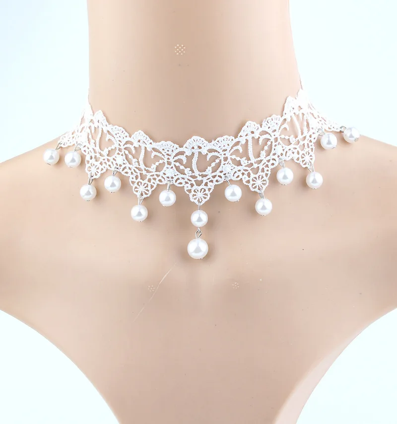 

Fashion Jewelry White Lace Necklace For Women New Hot Pearl Beads Collar Choker Necklace Tassel Statement Collier