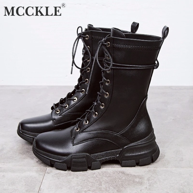 

MCCKLE Women Ankle Boots Autumn Lace Up Motorcycle Boot For Female Platform Short Botas Fashion Zipper Casual Low Heel Shoes