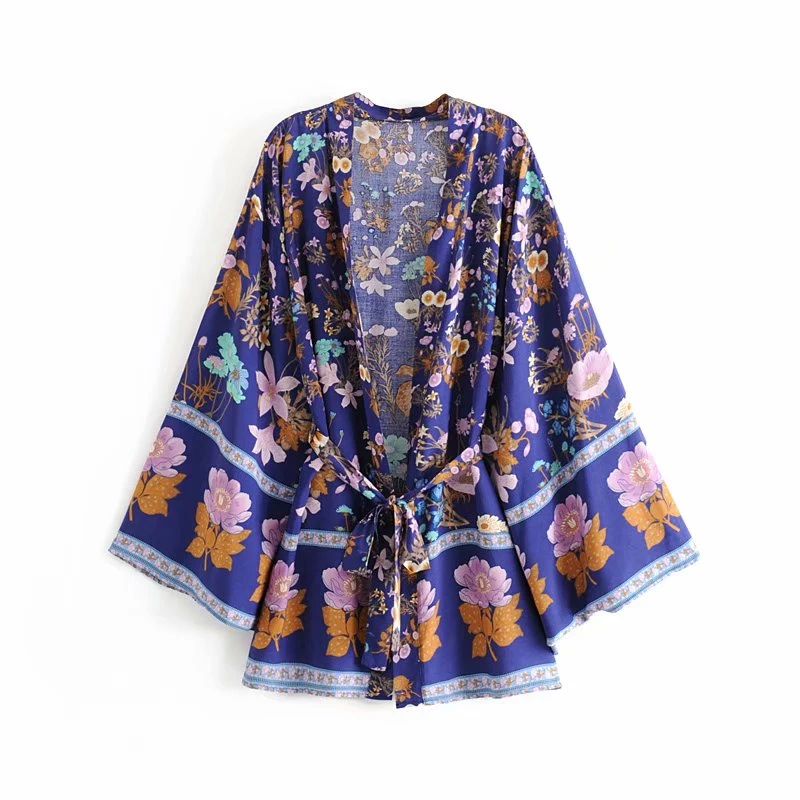 Vintage chic women floral print sashes bat sleeve beach Bohemian kimono dresses Ladies V neck Tassel Summer Boho dress vestidos