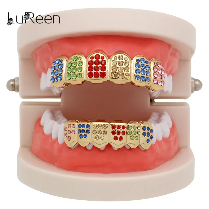 LuReen Красочные зубы Grillz верхние и нижние CZ грили стоматологические хип-хоп вампирские зубы шапки гриль рот украшения для тела Вечерние