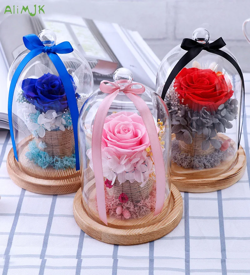 

Sweet Preserved Flower Gift Valentines Day Gift Birthday Mother Gifts Natural Dried Flowers Rose Present With Glass Cover