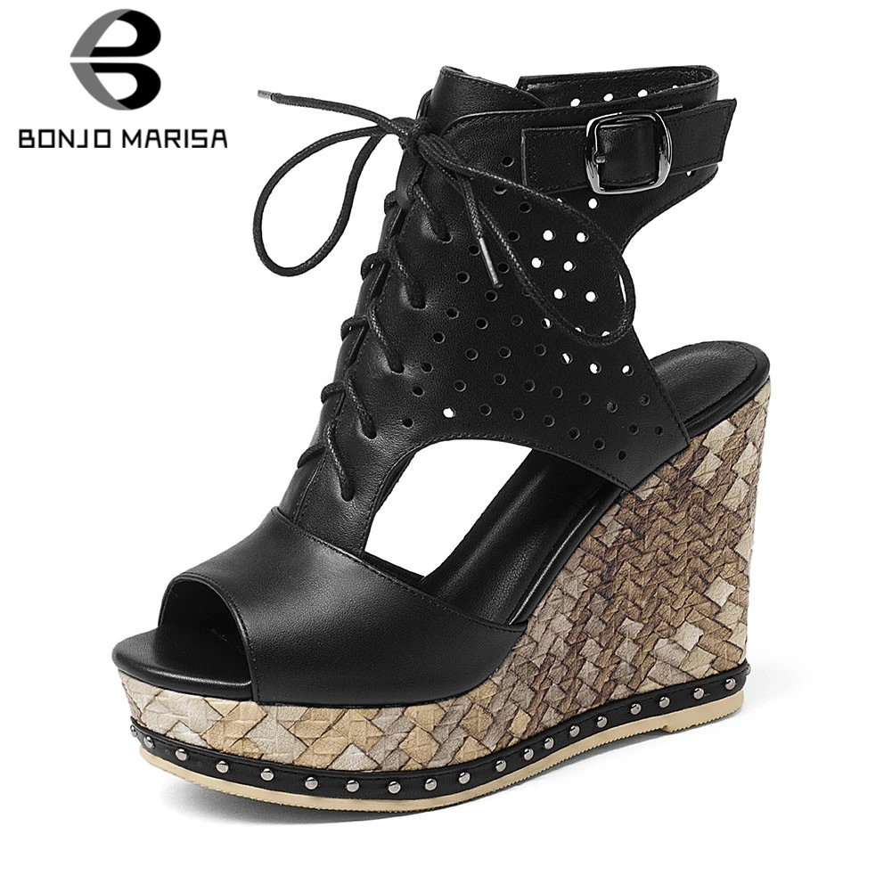

BONJOMARISA New women's Genuine Leather Ladies Wedges High Heels Platform Hollow Shoes Woman Casual Party Ol Summer Sandals