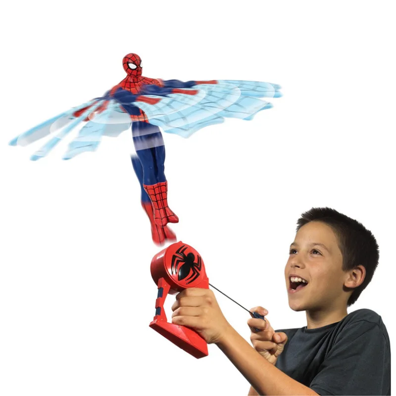 

New Marvel Superhero Pulling rope inertia launcher Batman Spiderman Iron Man Flying Sky Gyro Children's Toy Boy anime figure