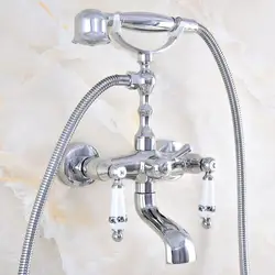 Полированная хромированная латунь Двойные керамические ручки настенный коготь ноги ванной кран смеситель кран с ручной душ mtf867