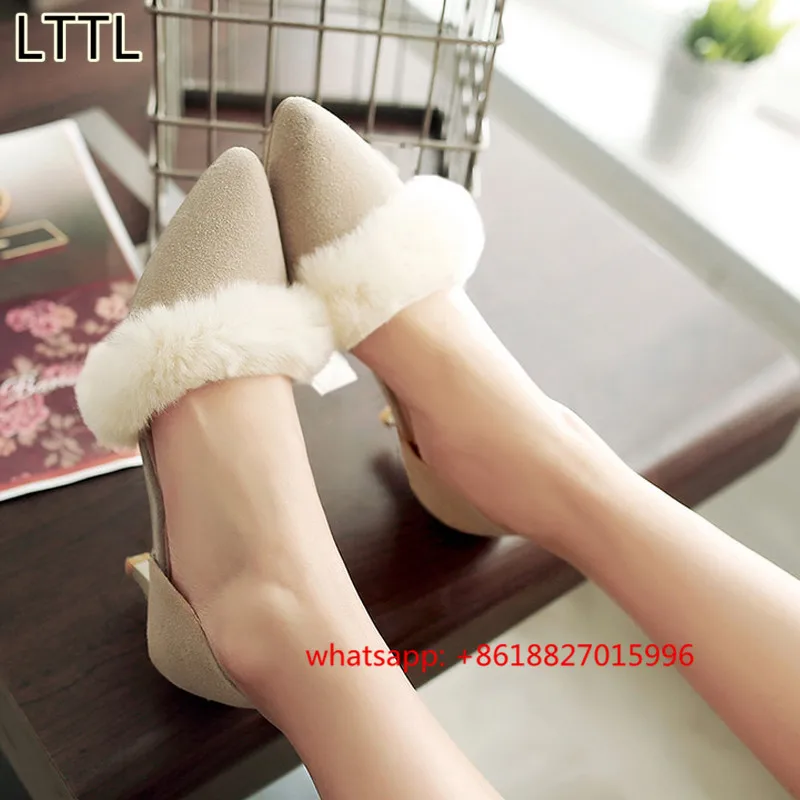 

Spring Summer New Pointed Toe D'orsay Two-piece Fur Shoes Shallow Thin Heel Medium Heel Shoes Fashion Elegant Women's Shoes