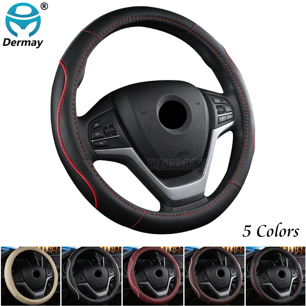 

DERMAY inserted Strip Car Steering Wheel Cover faux Leather M Size fit Standard Steering Wheel 14-15"(37-38cm) Non-slip Non Olet