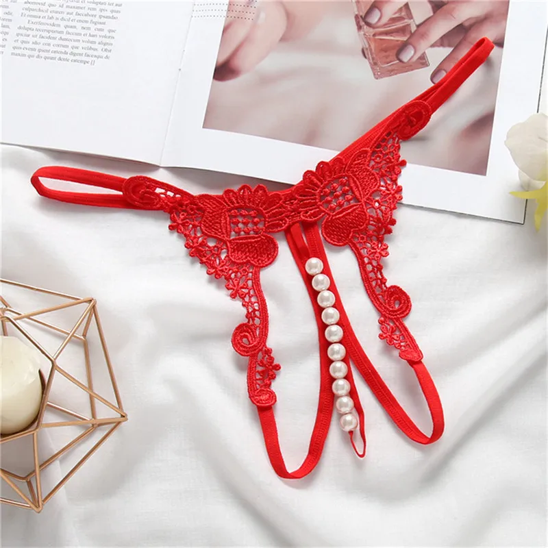

Women Briefs Sexy fashion embroidered underwear transparent temptation hollow pearl open thong low waist t pants