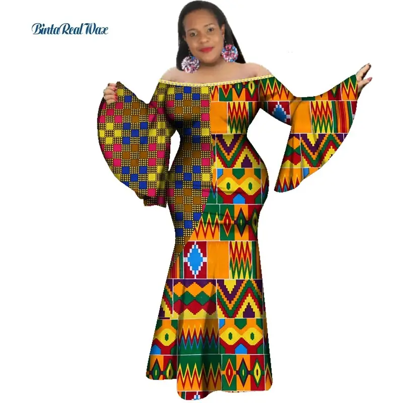 Новые африканские платья с принтом для женщин, с заклепками, в стиле пэчворк, с рюшами, с длинным рукавом, платье русалки, вечерние платья, Vestido Bazin, африканская одежда, WY3339 - Цвет: 13