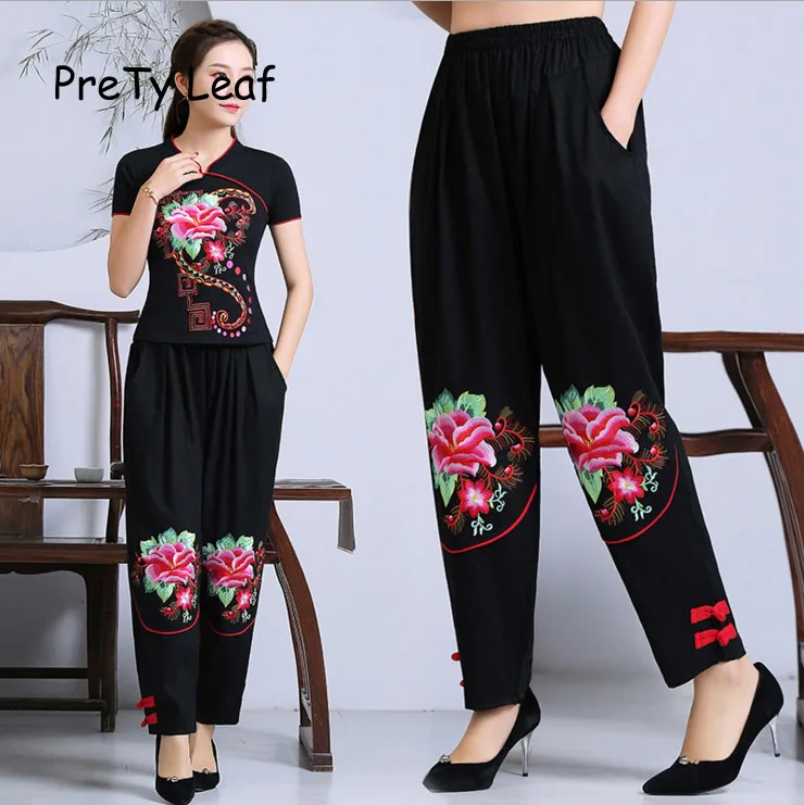 

2019 spring ethnic cotton and linen embroidery harem pants