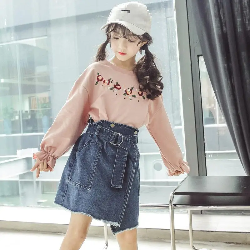 

Teenage Clothing Set For Girls Spring 2018 Kids Clothes Long Sleeve Print Shirt + Denim Skirt 4 5 6 7 8 9 10 11 12 13 Years Suit