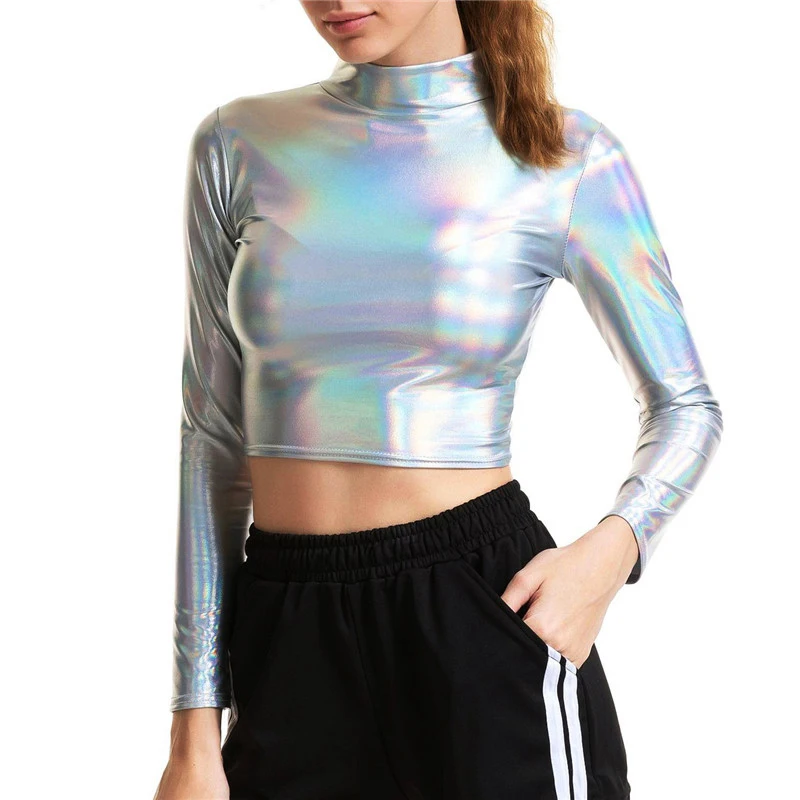  Women Liquid Metallic Long Sleeve Crop Top Punk Turtleneck Holographic T Shirt Cropped Tops For Rav