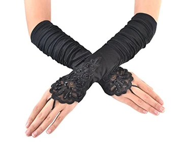 

Women Gloves Long Red Ruffles Satin Dance Gloves Lace Appliqued Beaded Lady Music PerformParty Glove With Finger Elbow Length