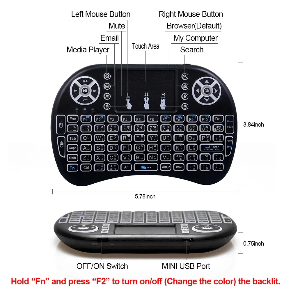 7 color backlit i8 Mini Wireless Keyboard 2 4ghz Thai Language 3 colour Air Mouse with 3