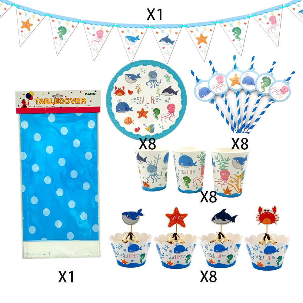

42Pcs for 8kids Sea Life Marine Animals theme birthday party supplies tableware set, plate+straw+glass+tablecover+cupcake deco