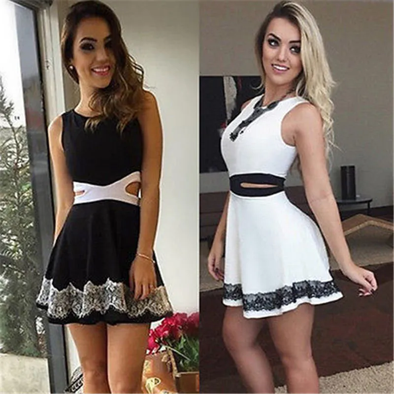 

New Design Sexy Women Hollow Out Waist Floral Dress Bandage Sleeveless Lace Party Wear Round Neck Summer Short Mini Dress 6-14