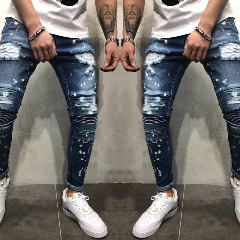 Новый мужской модный дизайн точечный краситель Джинсы скинни Slim Fit Эластичные рваные усы эффект джинсы джинсовые брюки стиль Streewear