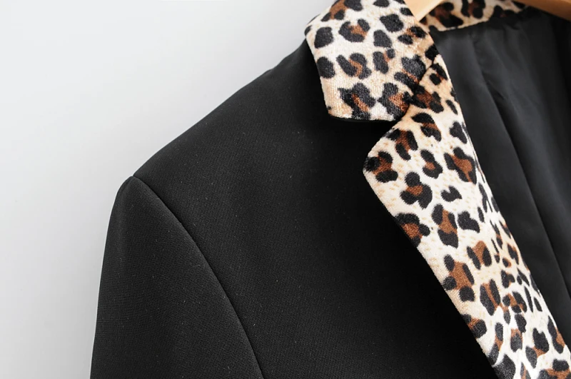 Повседневное осень женский, черный контрастирует Leopard Пиджаки с лацканами с разрезом женские офисные с длинным рукавом Осень пальто одной кнопки Топы