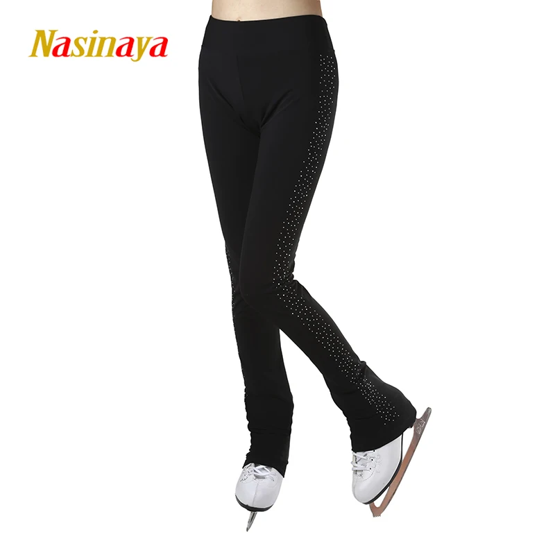 Figure Skating Costume Gymnastics Pants Adult Kids Competition Black Performance Pants Left Leg Rhinestones