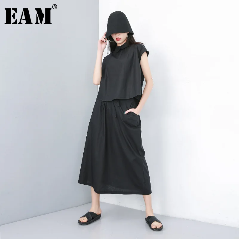 

[EAM] 2019 New Spring Summer Lapel Sleeveless Black Personality Loose Half-body Skirt Two Piece Suit Women Fashion Tide JT165