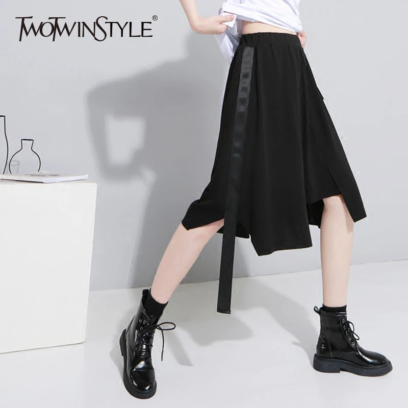 

TWOTWINSTYLE Ribbons Skirt For Women Patchwork High Waist Elastic Irregular Midi Skirts Spring Summer Plus Size Casual Clothing