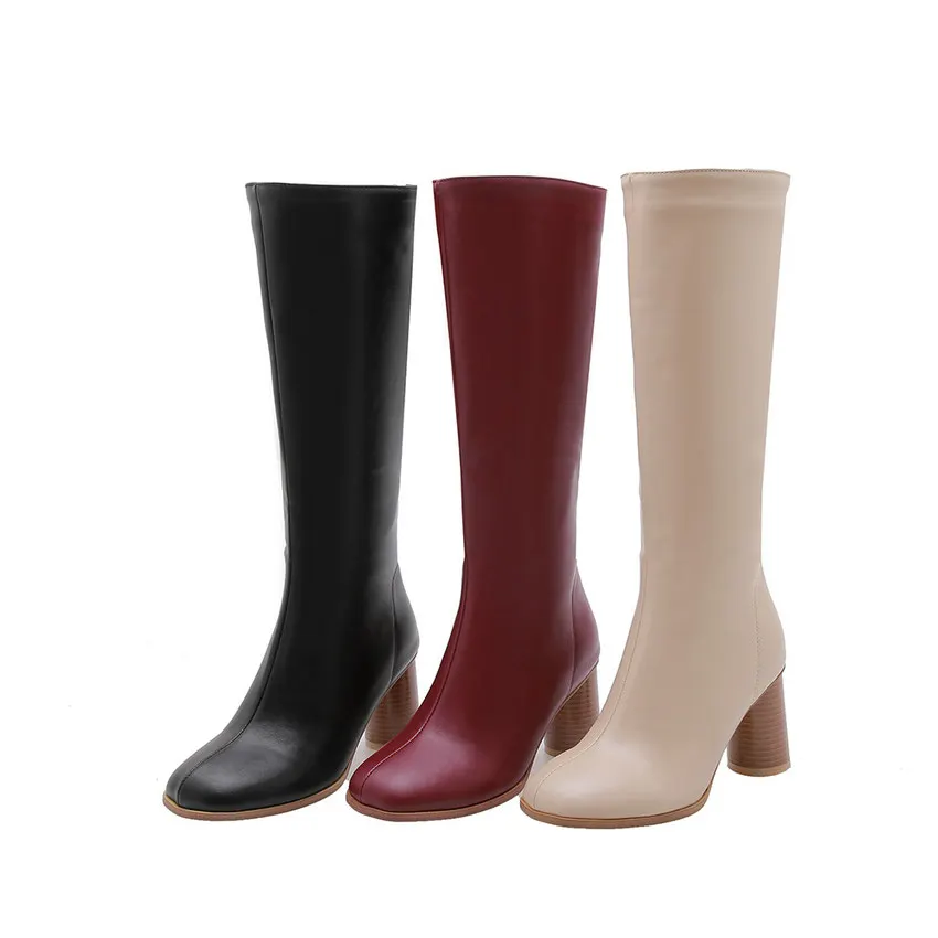ENMAYER/ г. Модные женские зимние сапоги до колена с круглым носком на квадратном каблуке из PU искусственной кожи женская обувь с коротким плюшем размер 34-43