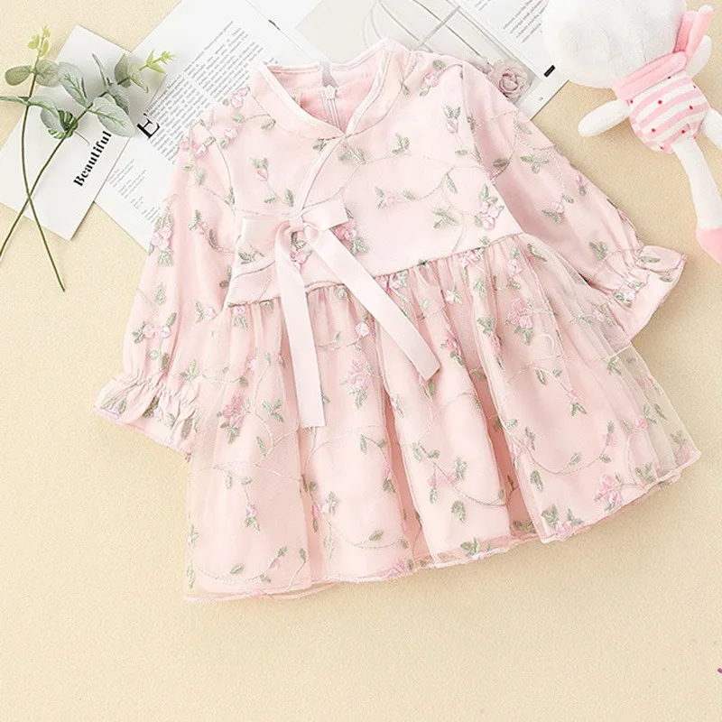 

2019 Autumn Girls Princess Dress Children Kids Infants Baby Long Sleeve Mesh Flora Han Costume Party Dresses For Girls S9334