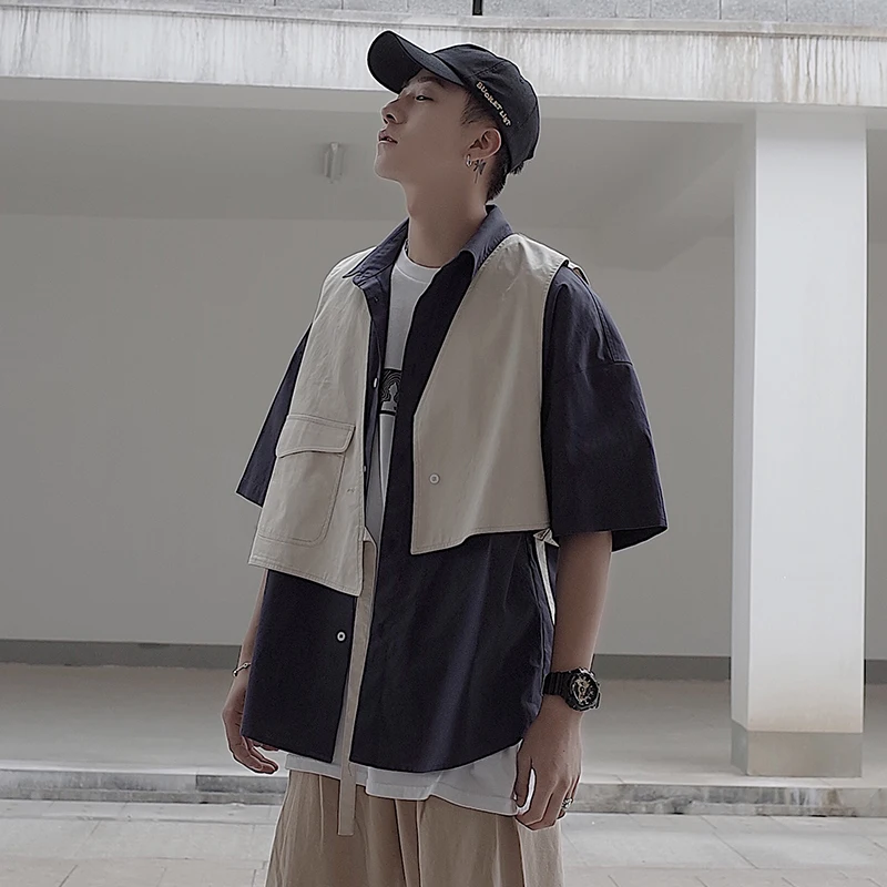 

2019 Summer Men Casual Loose Solid Color Fake Two Pieces Cotton Work Clothes Turn-down Collar Short Sleeve Brand Shirt Male M-XL