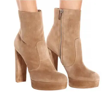 

fashion woman brown leather chunky high heel platform ankle boot large size custom make 45 platform chunky high heel ankle boots