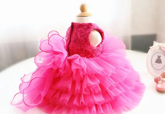 2017 red cute baby dress illusion lace appliques tulle ball gown ruffle toddler pageant dresses girls 1st birthday party outfits