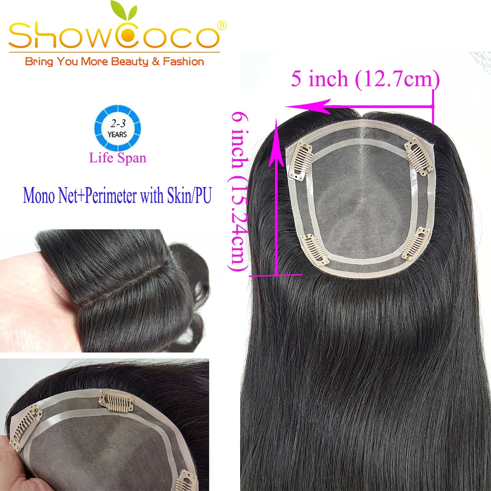 

Clip in Hair Piece Toupee 5*6 Toupee Mono PU Human Hair Extensions Virgin Hair 130% Density Showcoco Wig Topper Natural Color