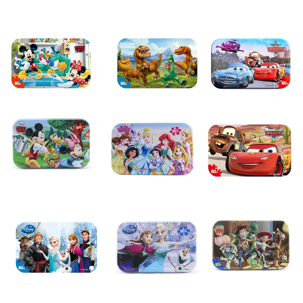 

Disney Puzzles Pixar Cars 3 Mickey Minnie Mouse Frozen DISNEY Princess Wood Puzzles For Kids With Cartoon Iron Box 60Pcs