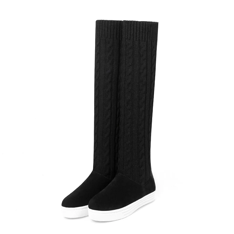 WETKISS/зимние эластичные женские сапоги; вязаная обувь на плоской подошве с круглым носком; Сапоги выше колена для девочек; женская обувь на платформе - Цвет: Черный
