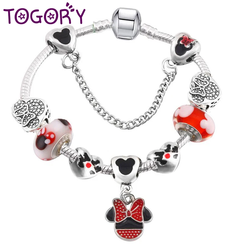 

TOGORY Handmade Mickey & Minnie Murano Glass Beads Charm Bracelet Women Fit Snake Chain Pandora Bracelet For Children Jewelry