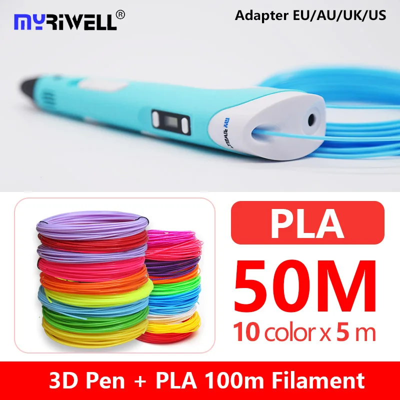 3d ручка myriwell rp100b 1 75 мм из пла светодиодный/ЖК экран + наполнитель м подарок для