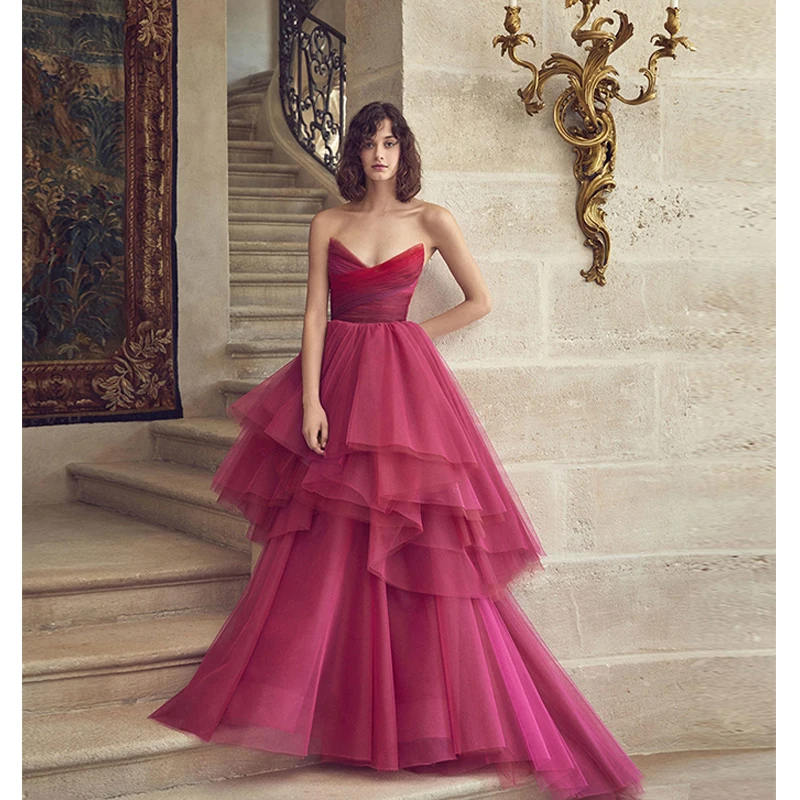 

Verngo 2019 Rose Red Evening Dress Tulle Evening Gown Elegant Formal Dress Custom Made Tiered Dress Party Robe De Soiree Gown