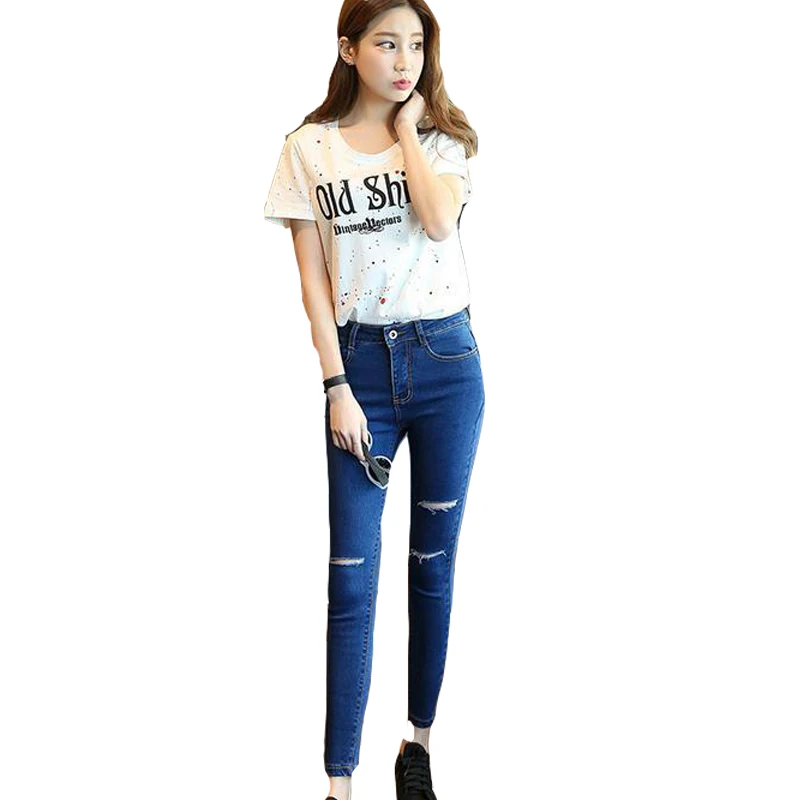 

High Waist Hole Jeans Pants Women Fashion New Bleached Slim Elasticity Ankle-length Pencil Pants