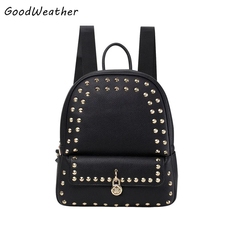 

Designer rivet women backpack high quality PU leather colleage bags fashion black lady zipper travel bags girls school backpacks
